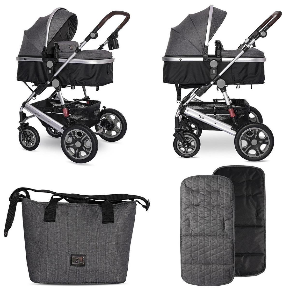 KINDERWAGEN Lora grau/schwarz faltbar Gummiräder Tragetasche Sportsitz Fußabdeckung - Schwarz, Metall (85/68/112cm) - Lorelli