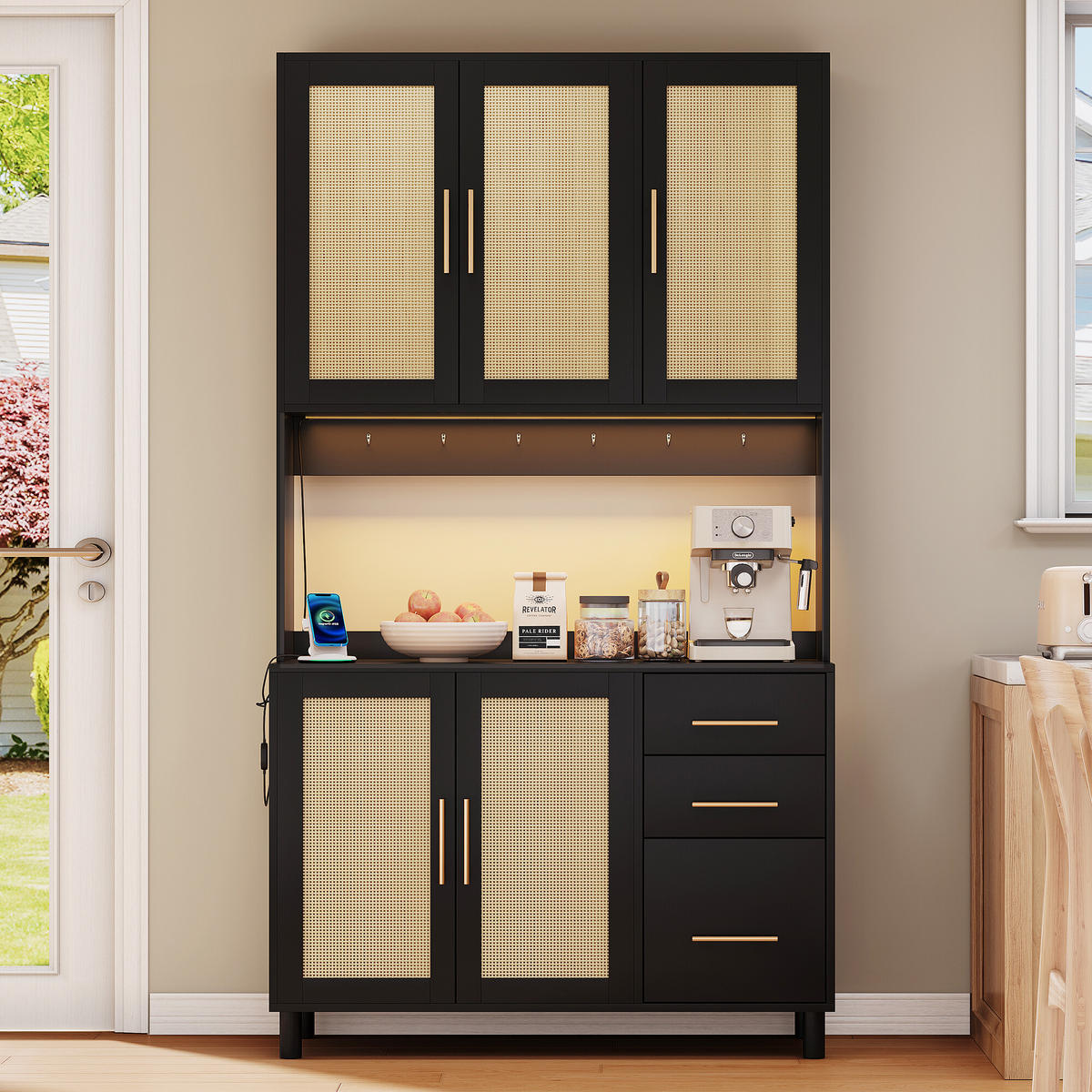 KÜCHENSCHRANK in Holz- und Rattanoptik mit LED Schwarz - Schwarz, Holzwerkstoff (40/183/100cm) - Urban Meuble