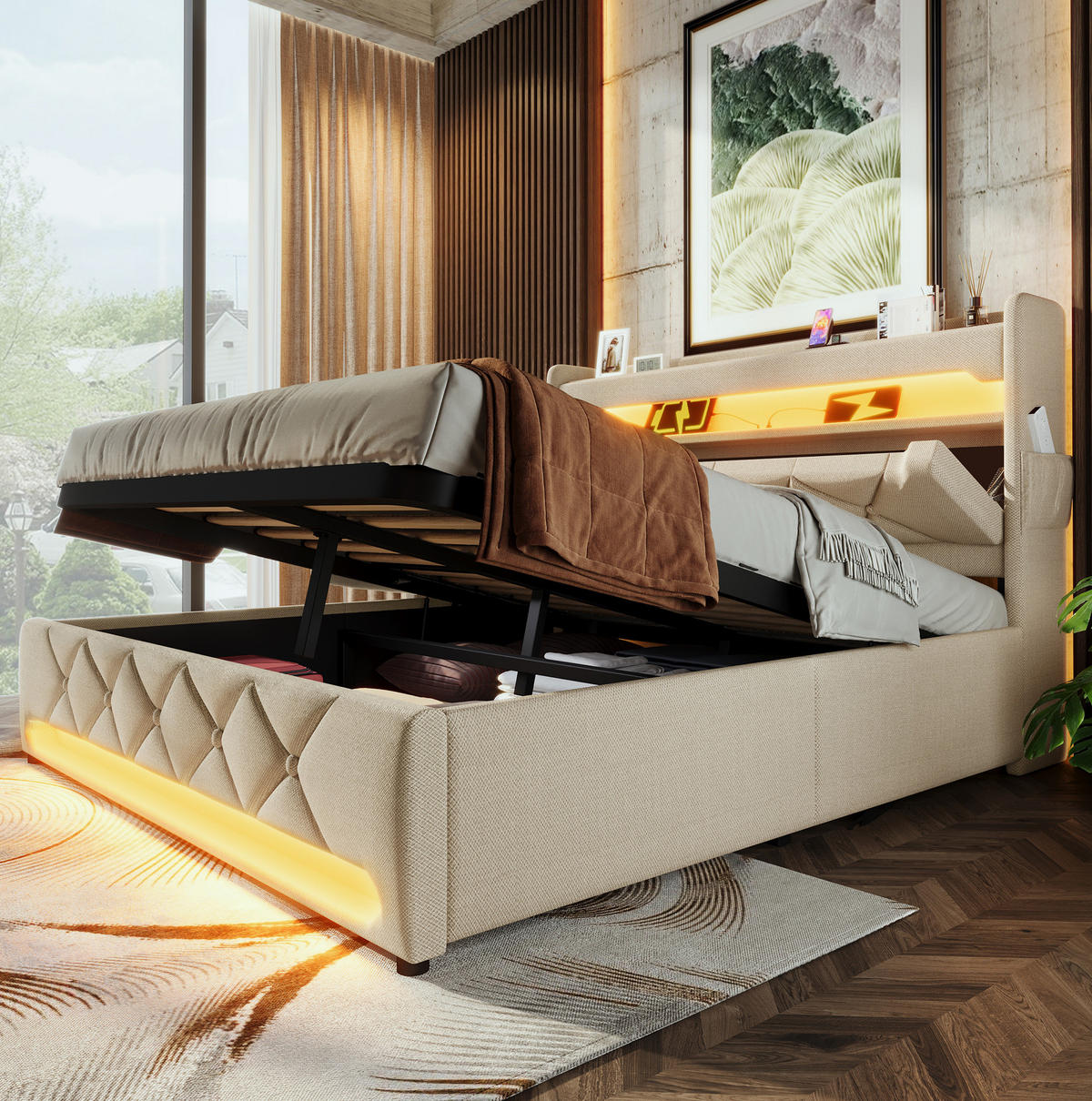POLSTERBETT aus Leinen 180x200 cm in Beige mit LED-Beleuchtung & USB-C - Beige, Textil (180/200cm) - Modfu