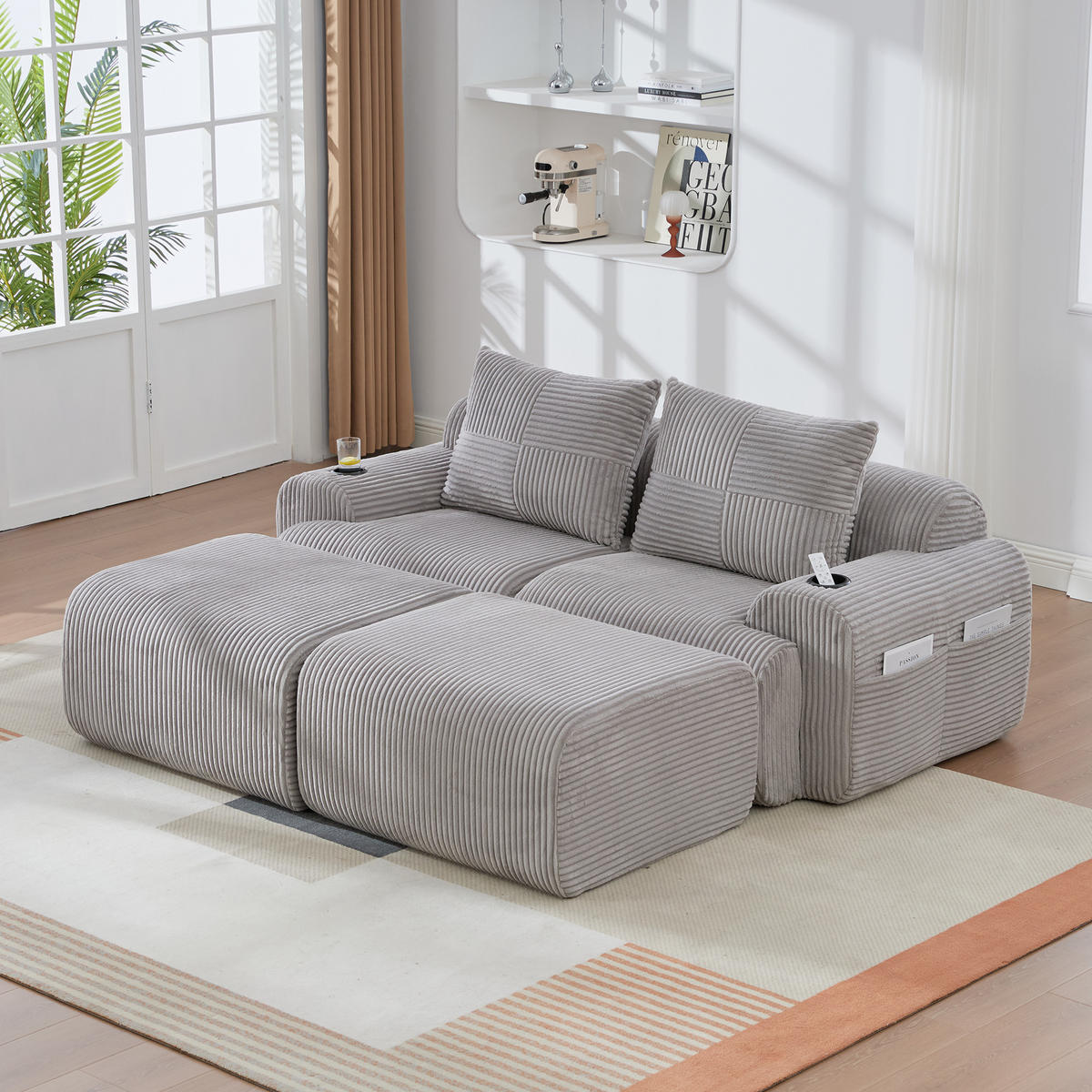MODULARES 2-Sitzer Sofa Cord mit Getränkehalter und Seitentasche 200/174/80 cm Hellgrau - Hellgrau, Textil (174/80/200cm) - Redom