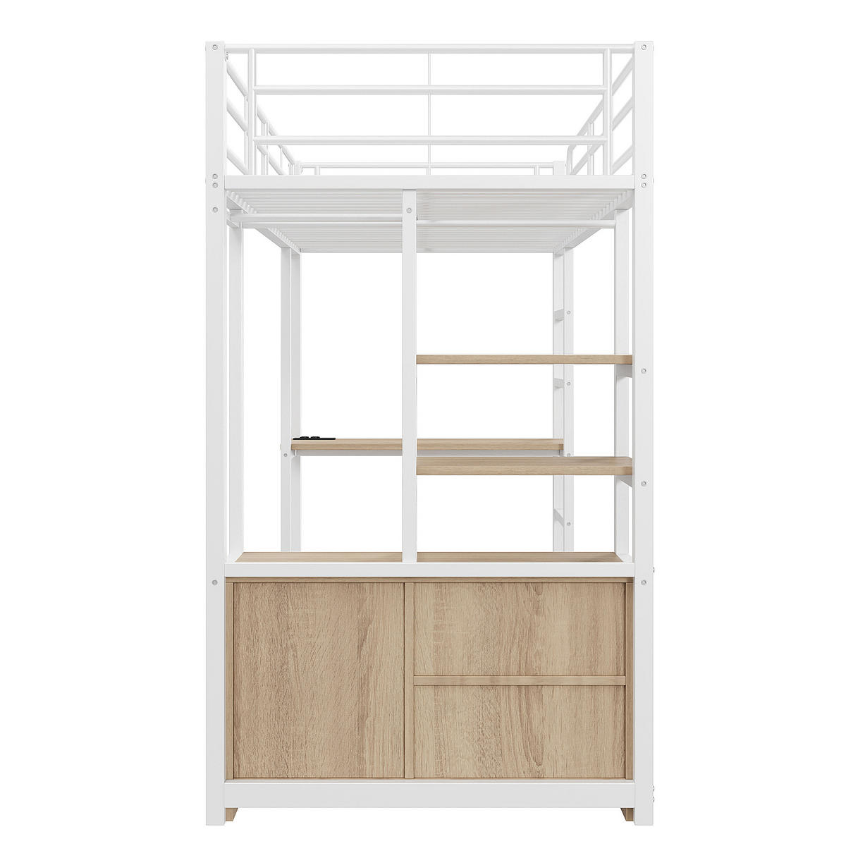 HOCHBETT aus Metall 90x200 cm in Weiß mit Schreibtisch, Steckdose & USB - Weiß, Metall (90/200cm) - Modfu