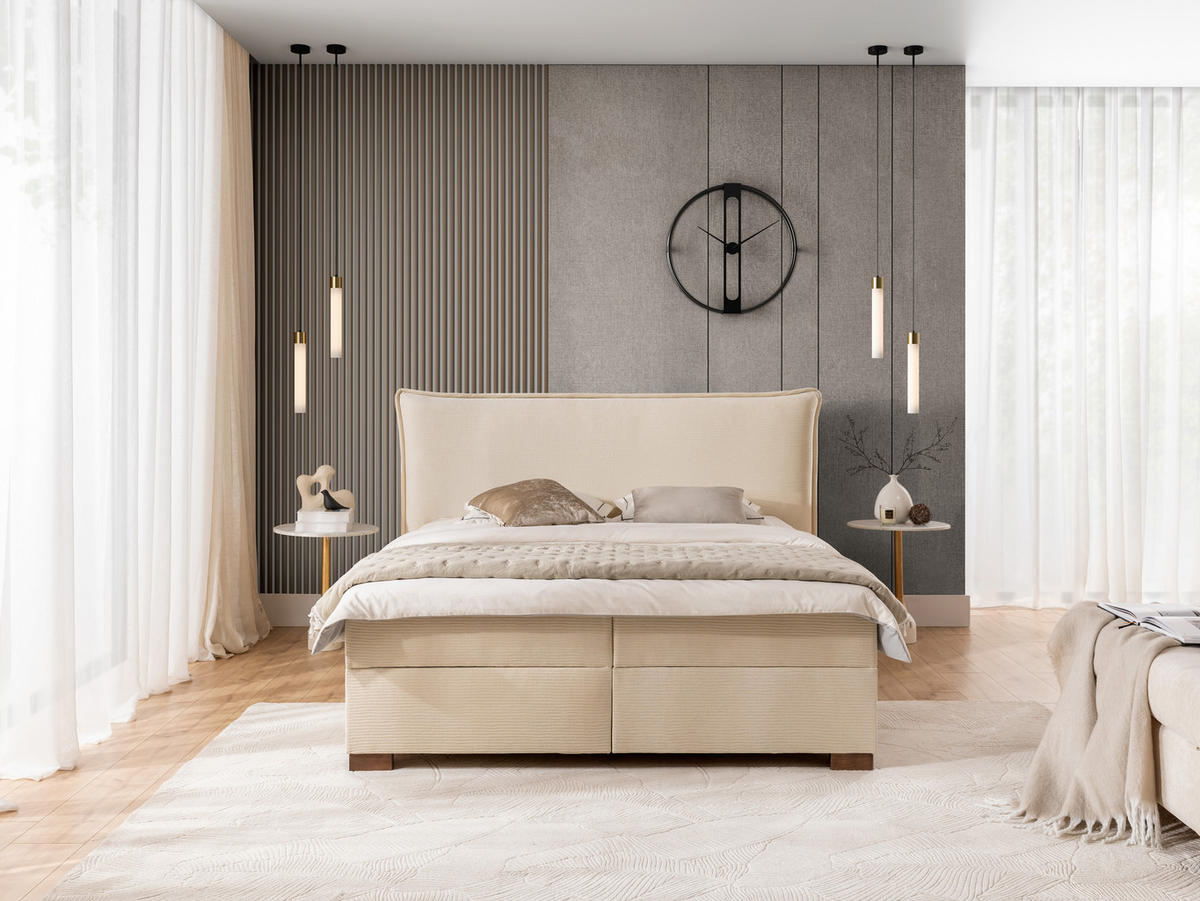 BOXBETT Lovetti, Strukturstoff mit Cordoptik, H3 - Beige/Dunkelbraun, Holz/Kunststoff (140/200cm) - S-Style Möbel