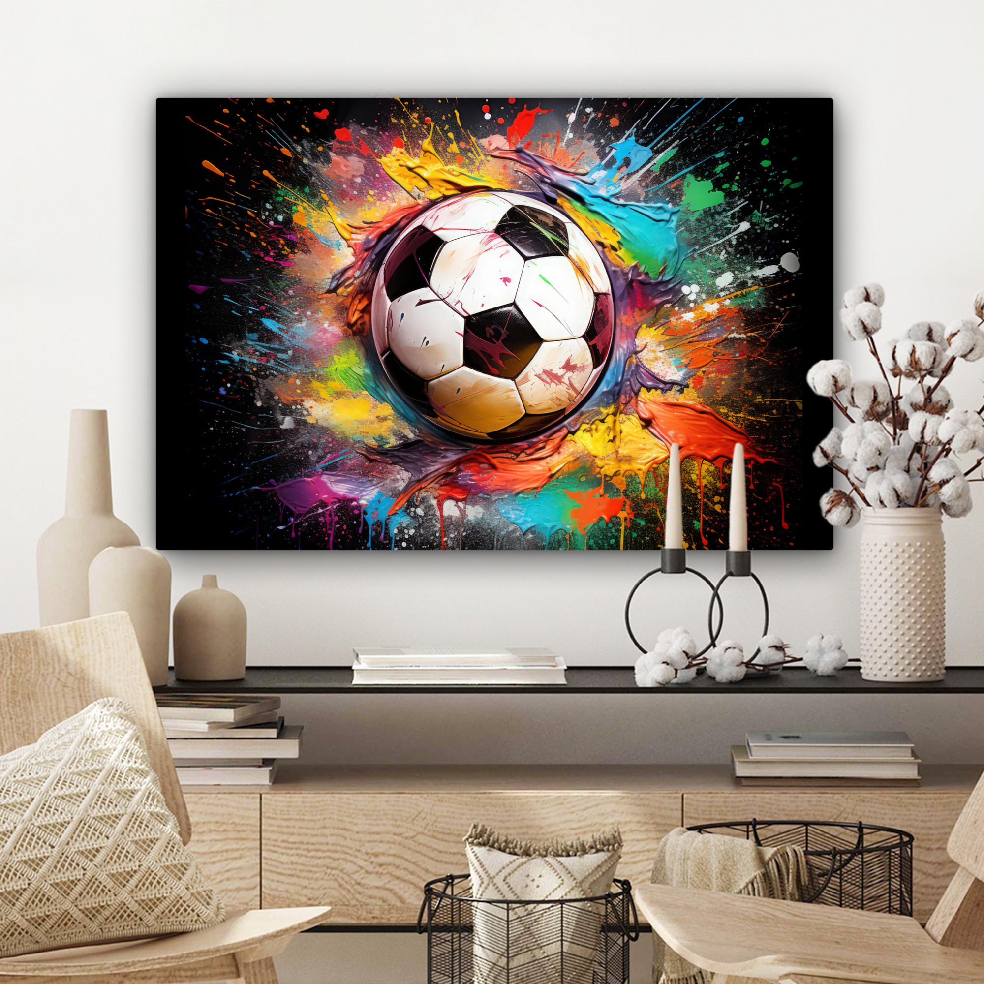 LEINWANDBILD Fußball - Farbe - Farben - Schwarz - Weiß XXL 150x100 cm - Weiß, Textil (150/100cm) - MuchoWow