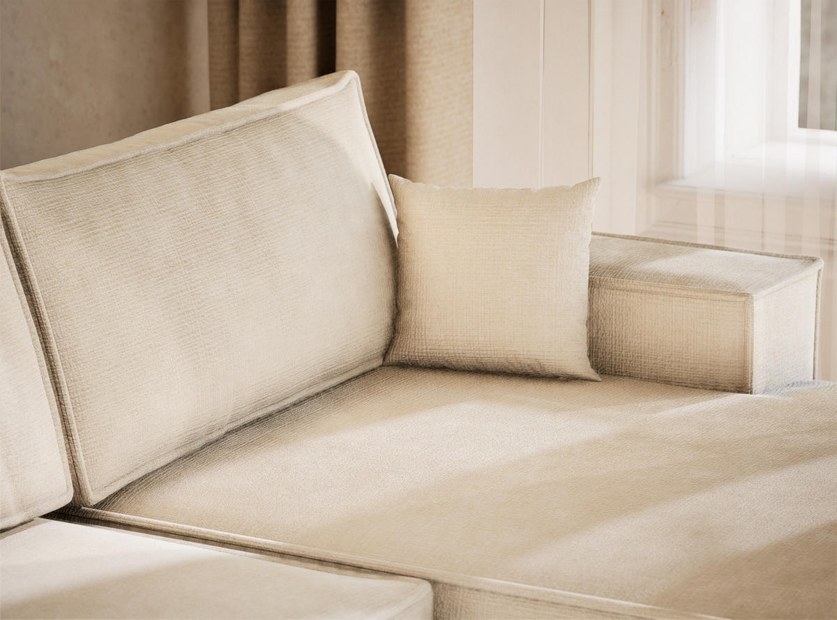 WOHNLANDSCHAFT Kyoto Creme Chenille-Stoff - Creme/Schwarz, Holz/Holzwerkstoff (398/70/148cm) - Maison de Reve