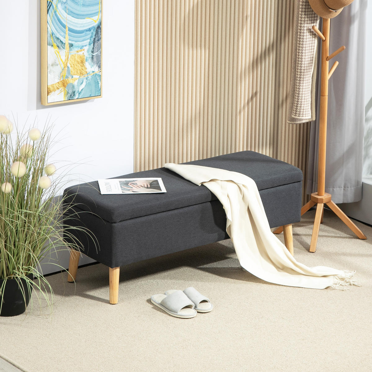 SITZBANK Polsterbank mit Stauraum scandinavia Truhenbank Polyester Holz - Dunkelgrau, Kunststoff (39/45/110cm) - HOMCOM