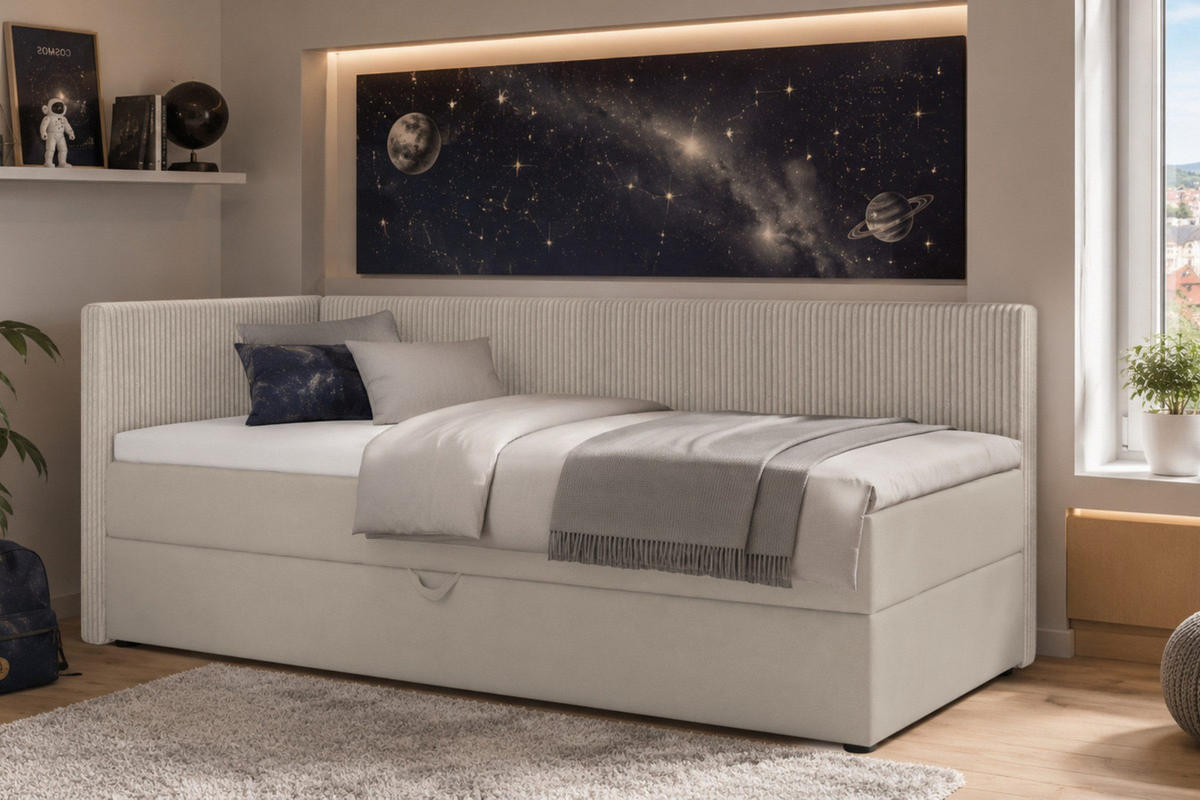 BOXBETT RICO 90/200 in Cord/Velours Ecru H4 links - Ecru, Holz/Holzwerkstoff (90/200cm) - Deine Möbel 24