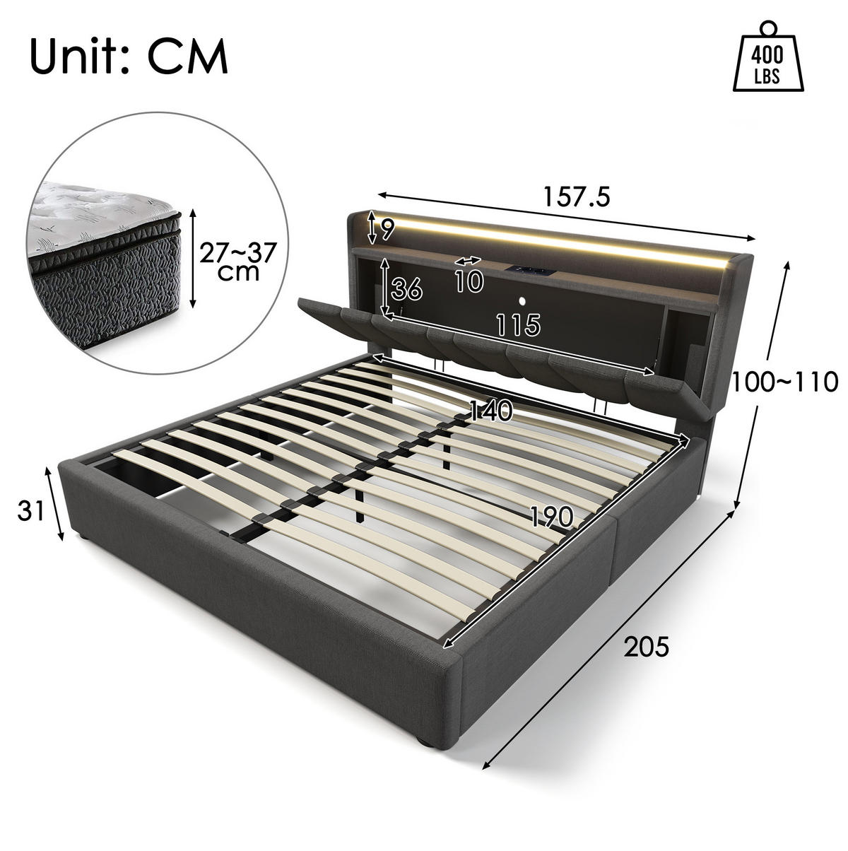 POLSTERBETT 140/190 cm mit LED, USB, Steckdosen, Stauraum-Kopfteil und Bettkasten, Leinen, Grau - Grau, Textil (140/190cm) - Redom