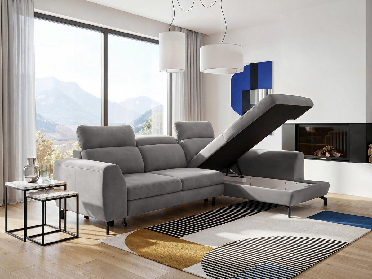 ECKSOFA ANTE Rechts, mit Schlaffunktion und Bettkasten, Grau - Grau, Textil/Metall (266/184cm) - Idohome