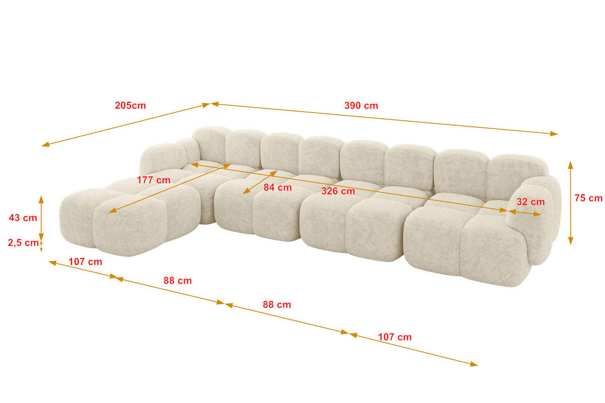 ECKSOFA modulares Sofa Links Miko-L3 390x205x75 Creme Velours - Creme/Schwarz, Holzwerkstoff/Kunststoff (390/205cm) - ALTDECOR