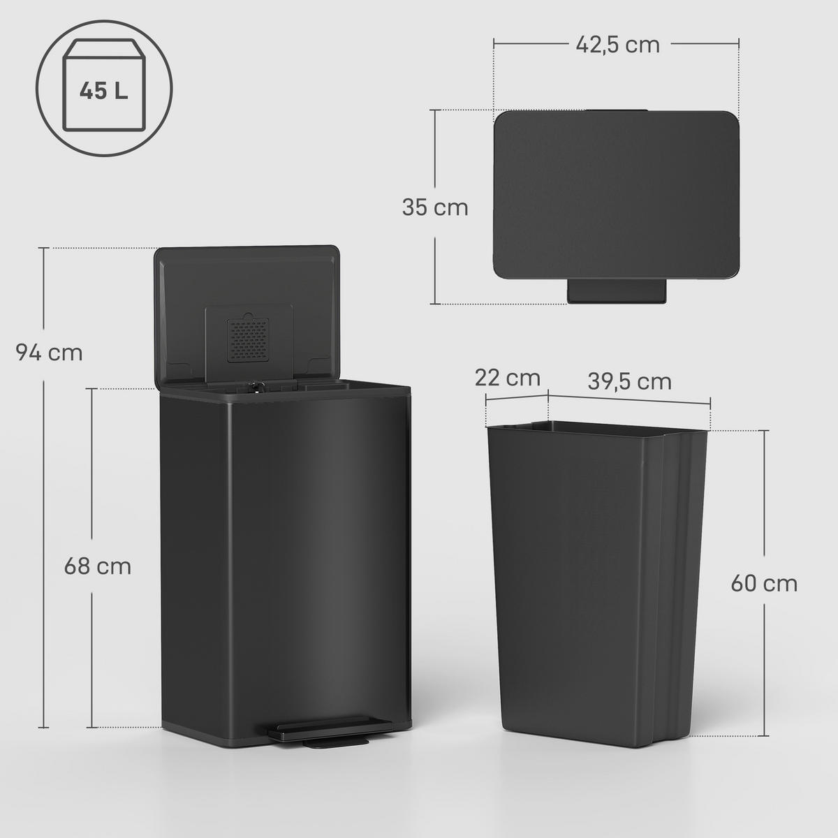 MÜLLEIMER Edelstahl Kunststoff Schwarz - Schwarz, Metall (35/68/42.5cm) - HOMCOM