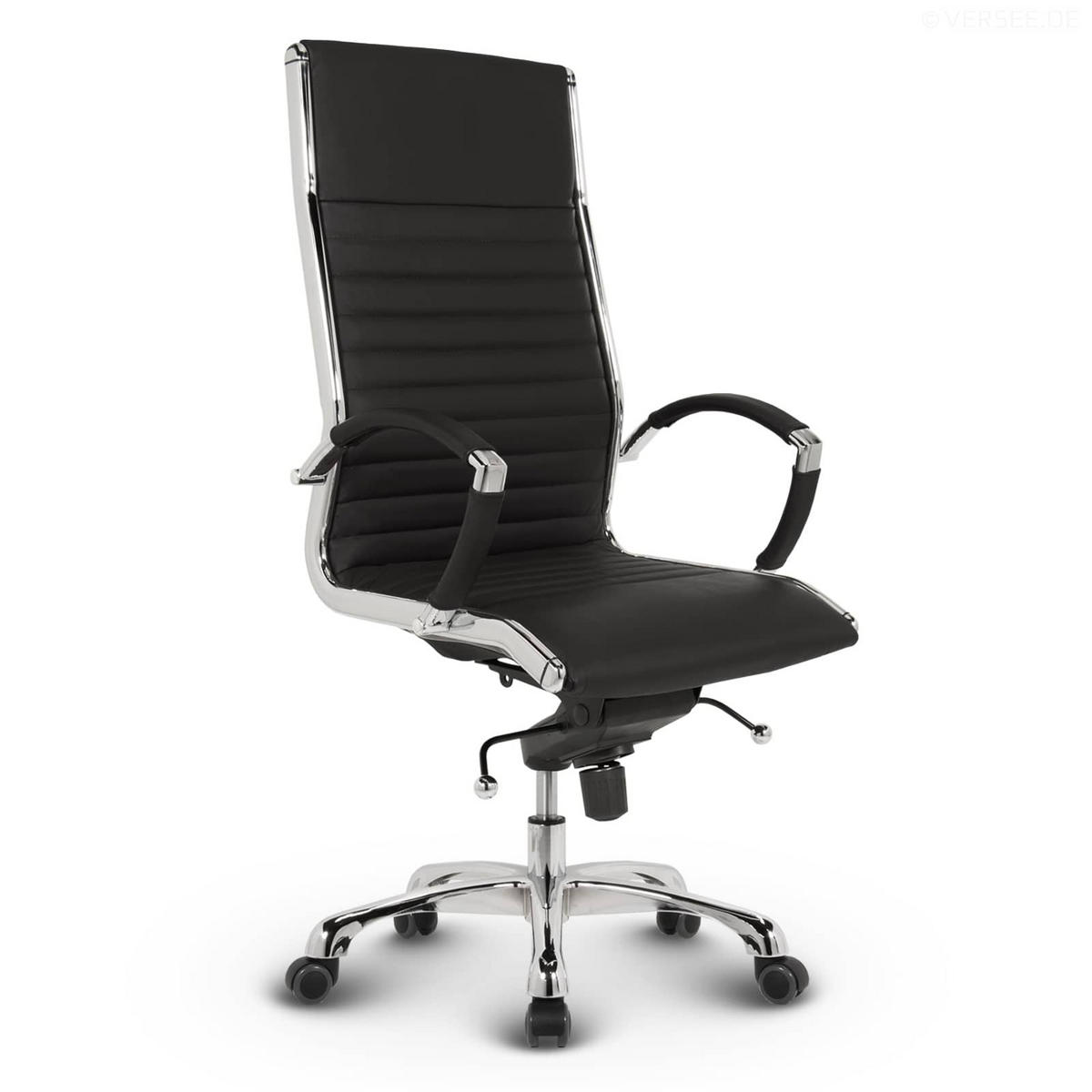 BÜROSTUHL Montreal Echtleder Schwarz – ergonomisch, 150 kg belastbar, Sitzhöhe 46-54cm - Schwarz Hochglanz, Leder/Metall (60/115/60cm) - Versee