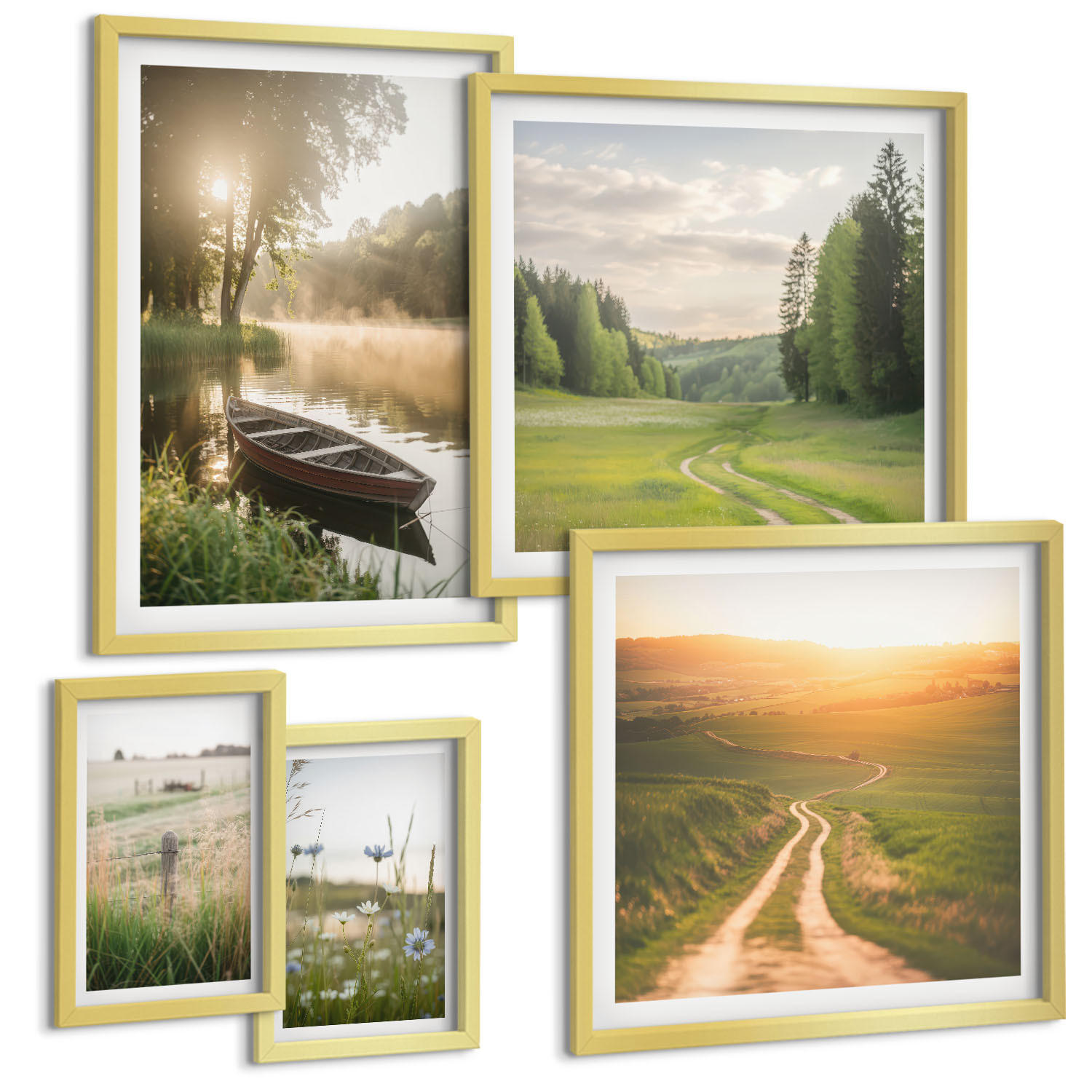 BILDER SET 5er Set - 50x50 cm & 20x30 cm & 40x60 cm Goldrahmen - Landschaftswiesenstraße West - Goldfarben, Kunststoff (40/60cm) - TULUP