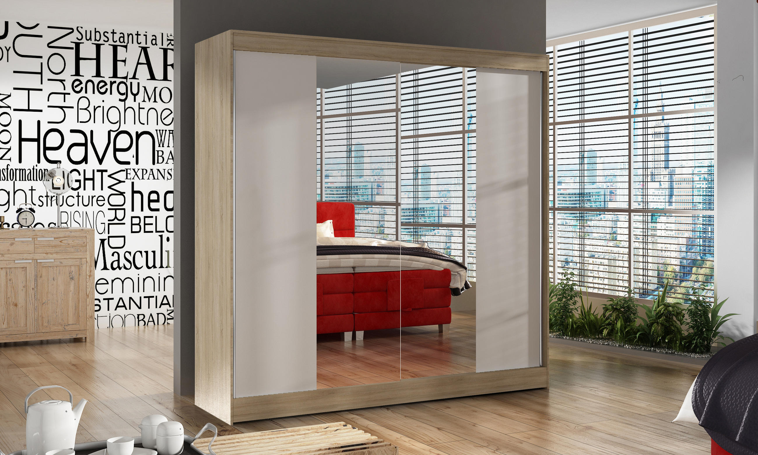 SCHWEBETÜRENSCHRANK Basti II - 200 cm - Beige/Weiß, Holzwerkstoff/Metall (200/215/58cm) - Sofnet