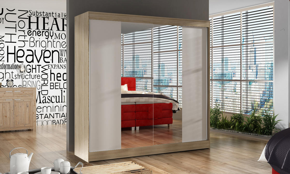 SCHWEBETÜRENSCHRANK Basti II - 200 cm - Beige/Weiß, Holzwerkstoff/Metall (200/215/58cm) - Sofnet