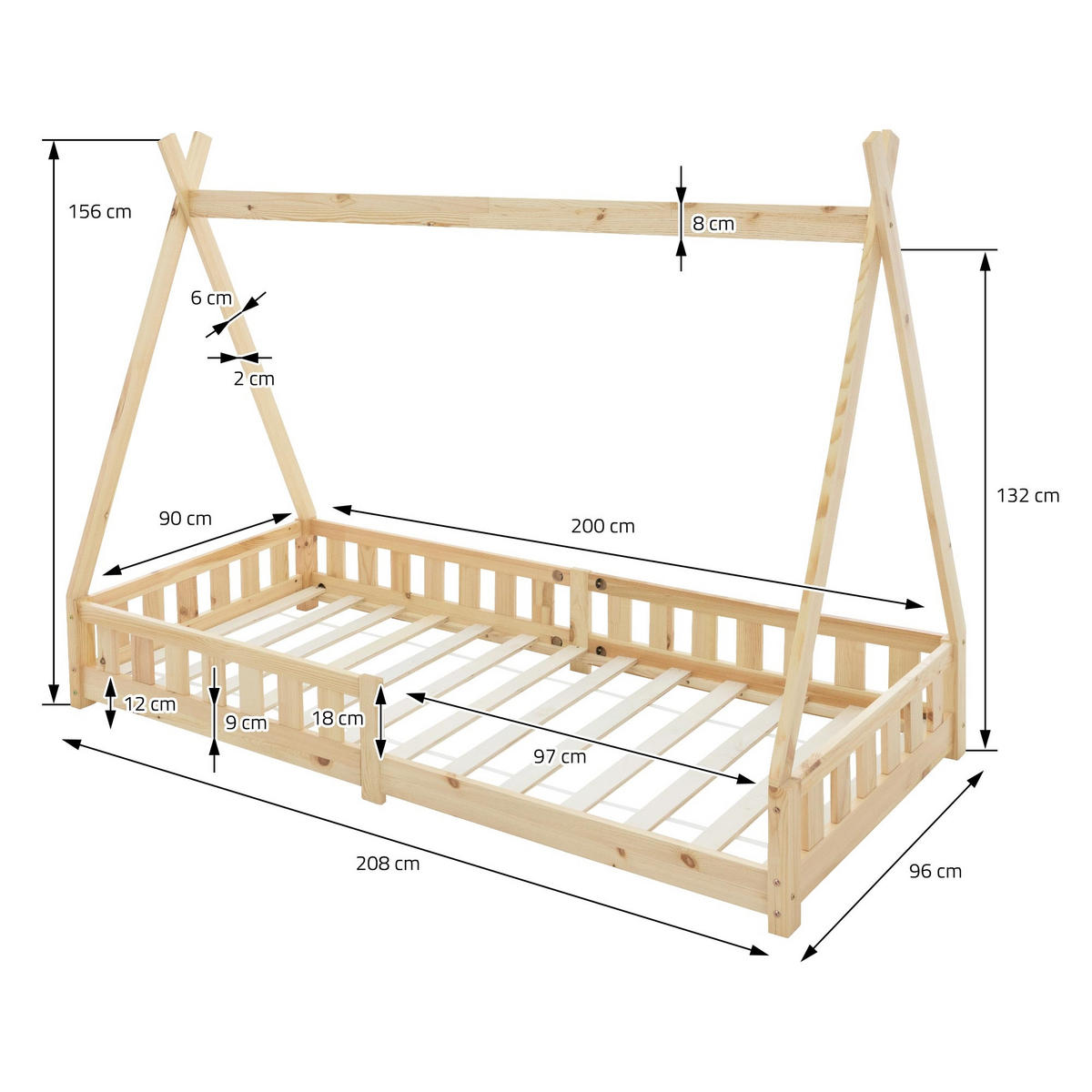 KINDERBETT Tipi mit Matratze 90x200 cm Natur - Naturfarben, Holz (90/200cm) - ML-DESIGN