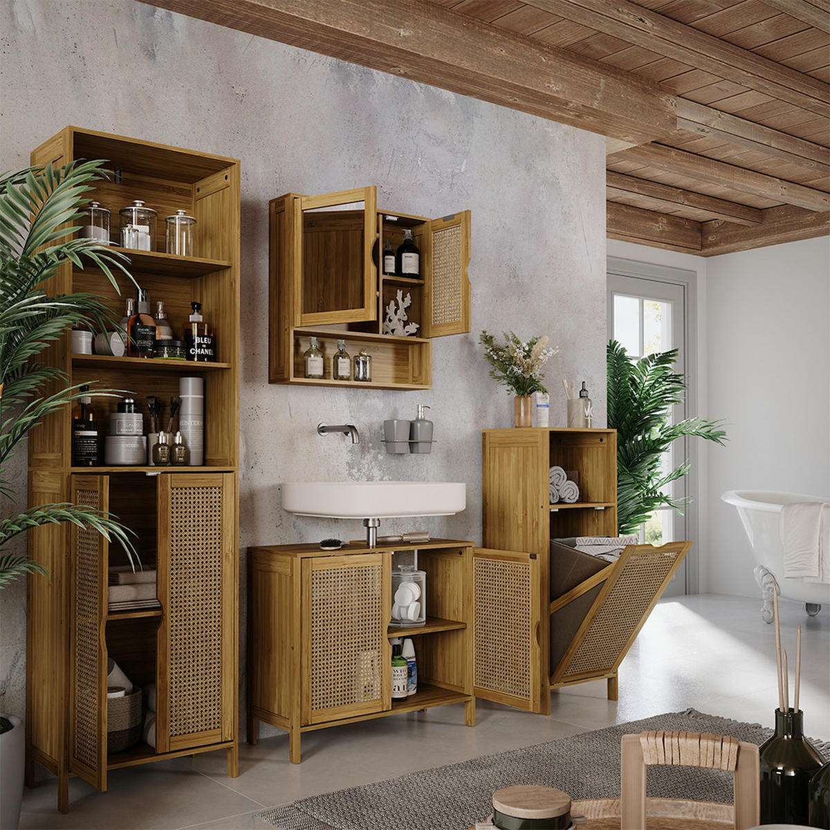 BADSCHRANK Liora Bambus 36 x 98 cm - Grün, Holzwerkstoff (36/98/33cm) - Vicco