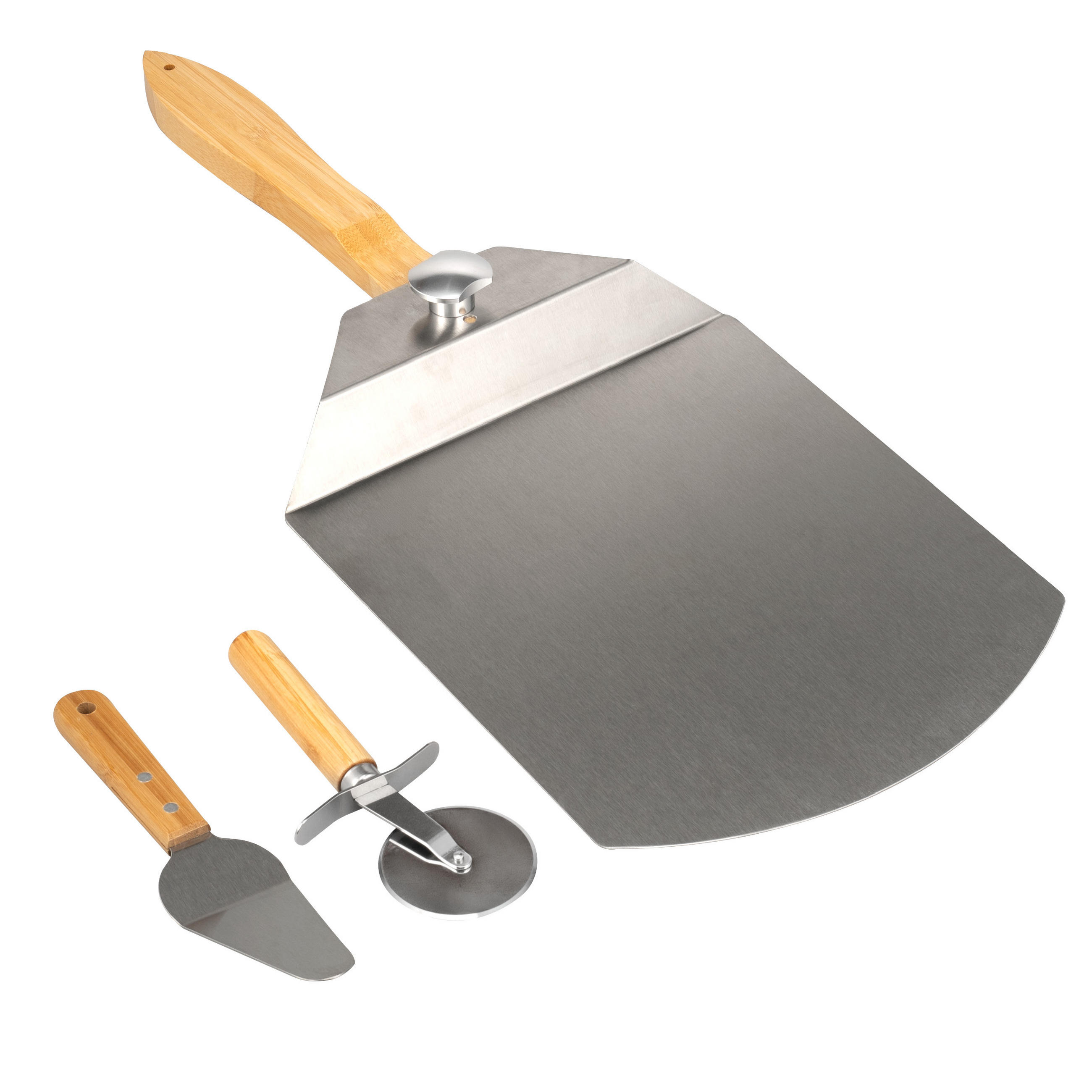 PIZZASCHIEBER 3er Set, aus Edelstahl mit Bambusgriff - Grau, Metall (60.5/1.5/25.5cm) - eluno