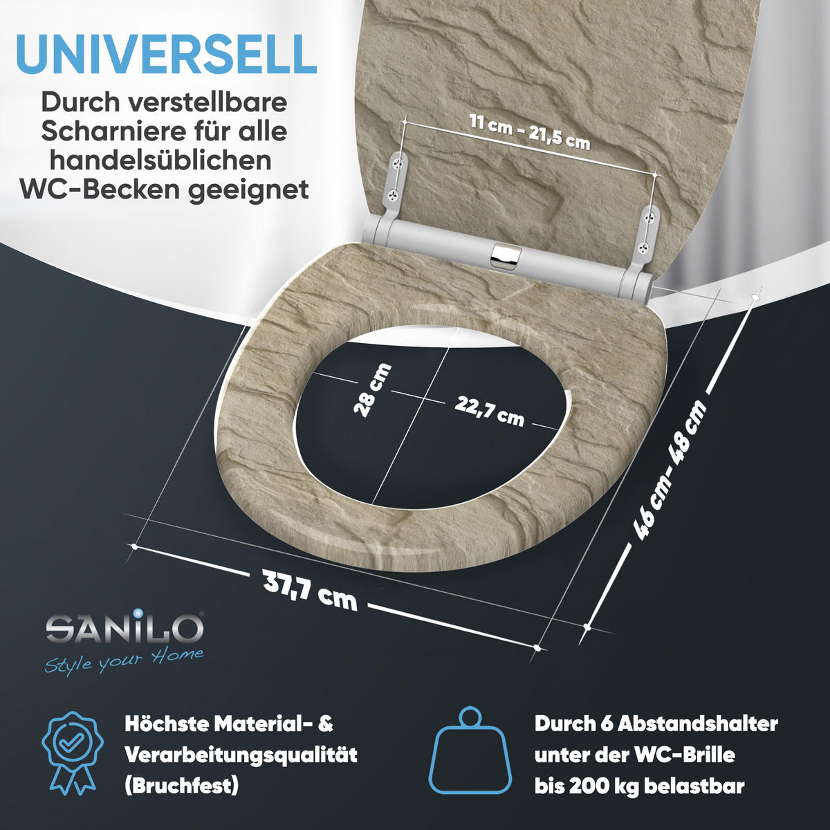 WC-SITZ mit Absenkautomatik & Top Fix Sand Stone - Braun, Holzwerkstoff (37.7/5.5/48cm) - Sanilo