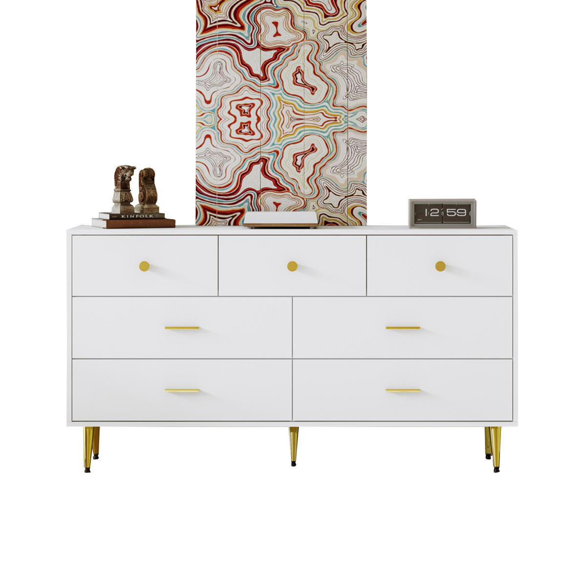 SIDEBOARD aus Spanplatte 140x35x76 cm Weiß mit 7 Schubladen, goldfarbenen Griffen und Metallbeinen - Weiß, Holzwerkstoff (140/76/35cm) - Modfu
