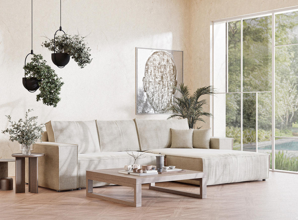 ECKSOFA Maze Beige grau Chenille-Stoff - Rechts Seite - Greige/Schwarz, Holz/Holzwerkstoff (294/185cm) - Maison de Reve