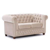 CHESTERFIELD-SOFA 2-sitzer Cleo Blink Beige Samt mit Kristallsteppung und braunen Massivholzfüßen - Beige/Braun, Holz/Textil (148/72/86cm) - S-Style Möbel