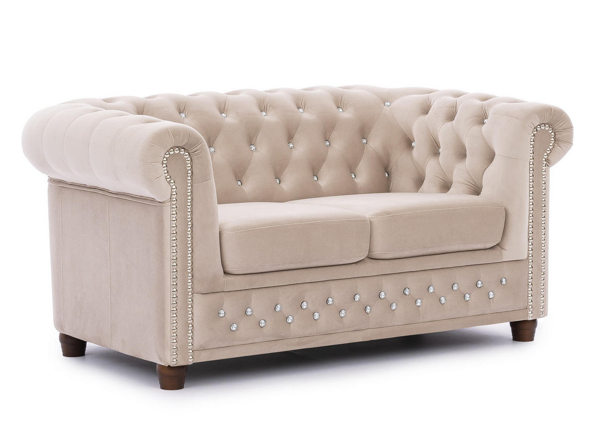 CHESTERFIELD-SOFA 2-sitzer Cleo Blink Beige Samt mit Kristallsteppung und braunen Massivholzfüßen - Beige/Braun, Holz/Textil (148/72/86cm) - S-Style Möbel