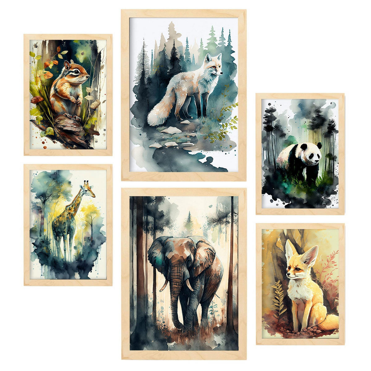 POSTER Set Mit 6 Wald Und Savanne Illustrationen Von Tieren In Naturlandschaften, Realistischer Aquarellstil A3 & A4 Rahmen Aus Hellem Holz - Beige, Papier (29/3cm) - Nacnic