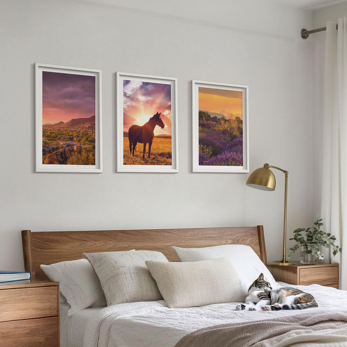 WANDBILDER 3er-Set - 40x60 cm Weißer Rahmen - Berglandschaft mit einem Pferd - Weiß, Kunststoff (40/60cm) - ArtPrintCave