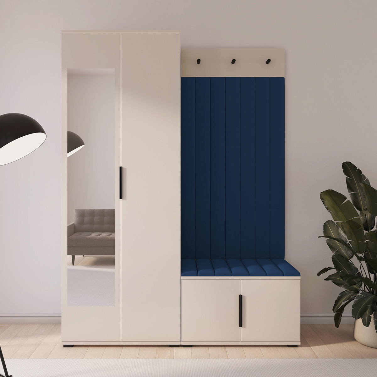 GARDEROBE Napoli version 13 mit Spiegel, mit POLSTERPANEELEN Blau - Blau/Beige, Holzwerkstoff (140/185/40cm) - Jerpax