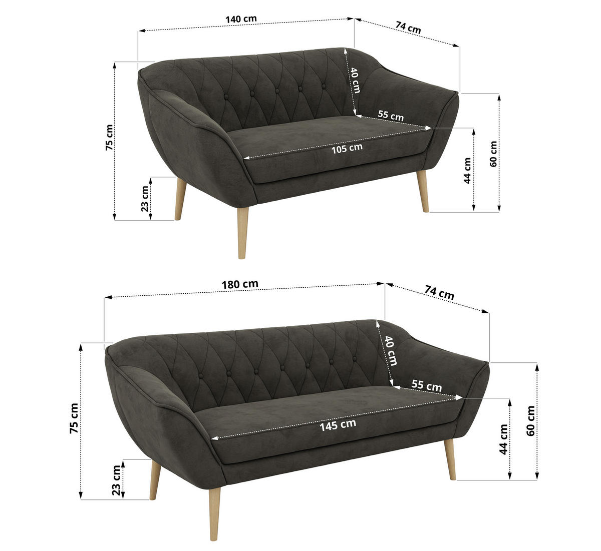 SEDACÍ SOUPRAVA 3+2 PIRS - Tmavě šedá Samet - Dřevěné nohy - tmavě šedá/barva buku, kompozitní dřevo/textil (180/75/74cm) - MKS
