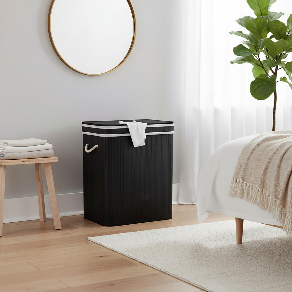 WÄSCHEKORB - Schwarz, Holz/Textil (52/60/32cm) - Relaxdays