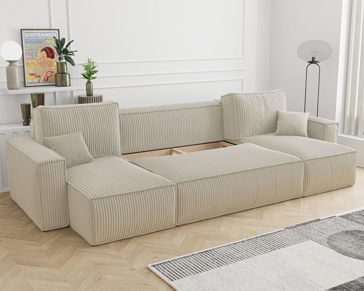 WOHNLANDSCHAFT Scarlo Hellbeige Cordbezug - Ecru/Schwarz, Kunststoff/Textil (244/83/145cm) - Selsey