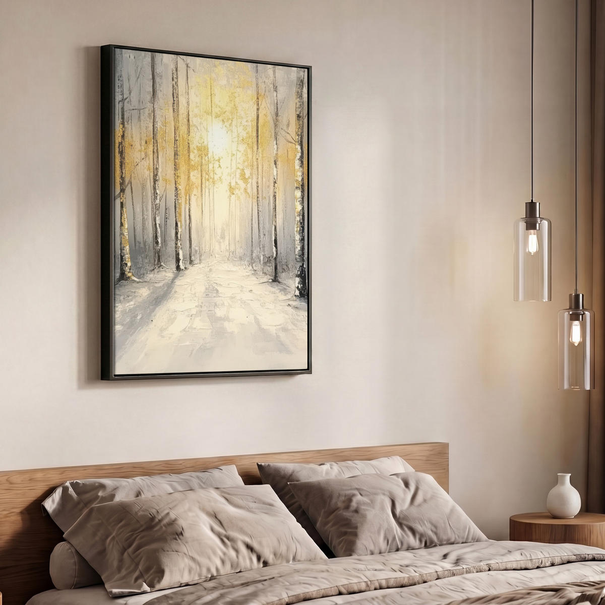 LEINWAND Bilder mit Rahmen - Winter - Abstrakt - Schnee - Natur - Sonne - 70x100 - Grau, Textil (70/100cm) - MuchoWow