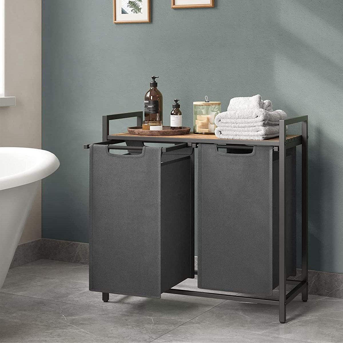 WÄSCHEBEHÄLTER mit 2 Fächern 46L - Grau, Holzwerkstoff (33/72/73cm) - Calicosy