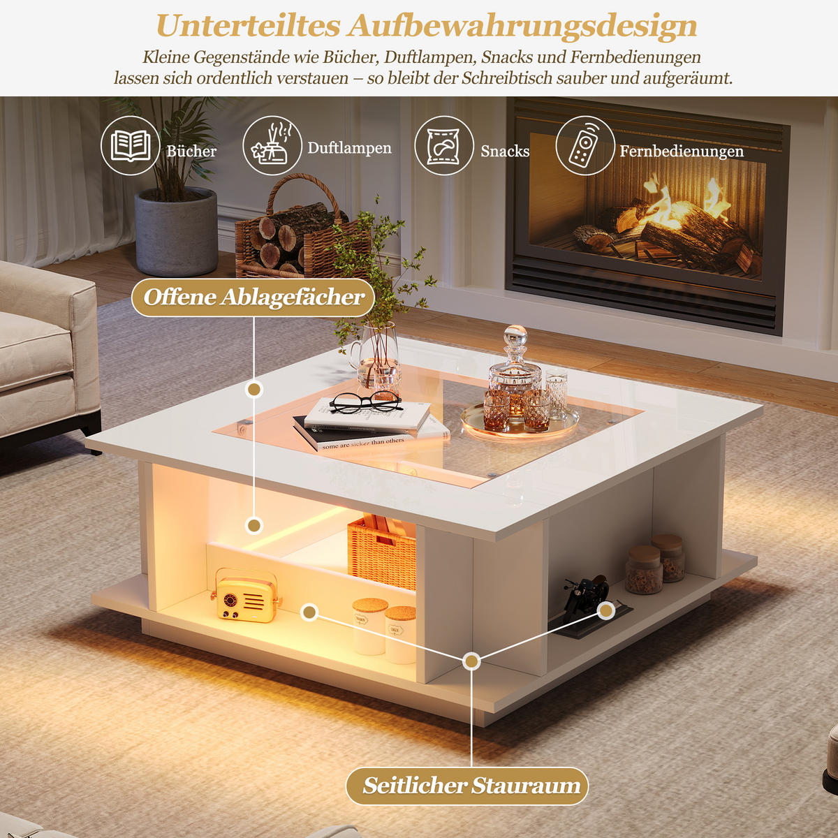 COUCHTISCH mit Hochglanz Weiß und Glasplatte integrierten Ablagen LED-Beleuchtung 70/70/30 cm - Weiß, Glas/Holzwerkstoff (70/70/30cm) - EVRYAE