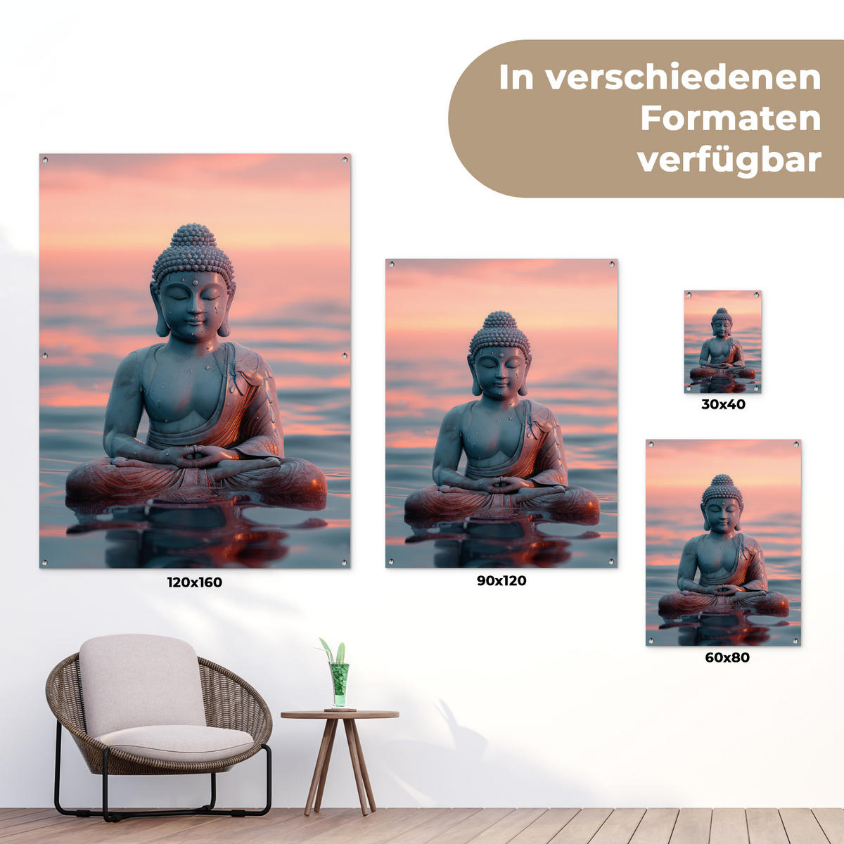 ZAHRADNÍ PLAKÁT Buddha - Socha - Buddha - Voda - Umění - Buddha 120x160 cm - šedohnědá, plast (120/160/0.2cm) - OnlyWow