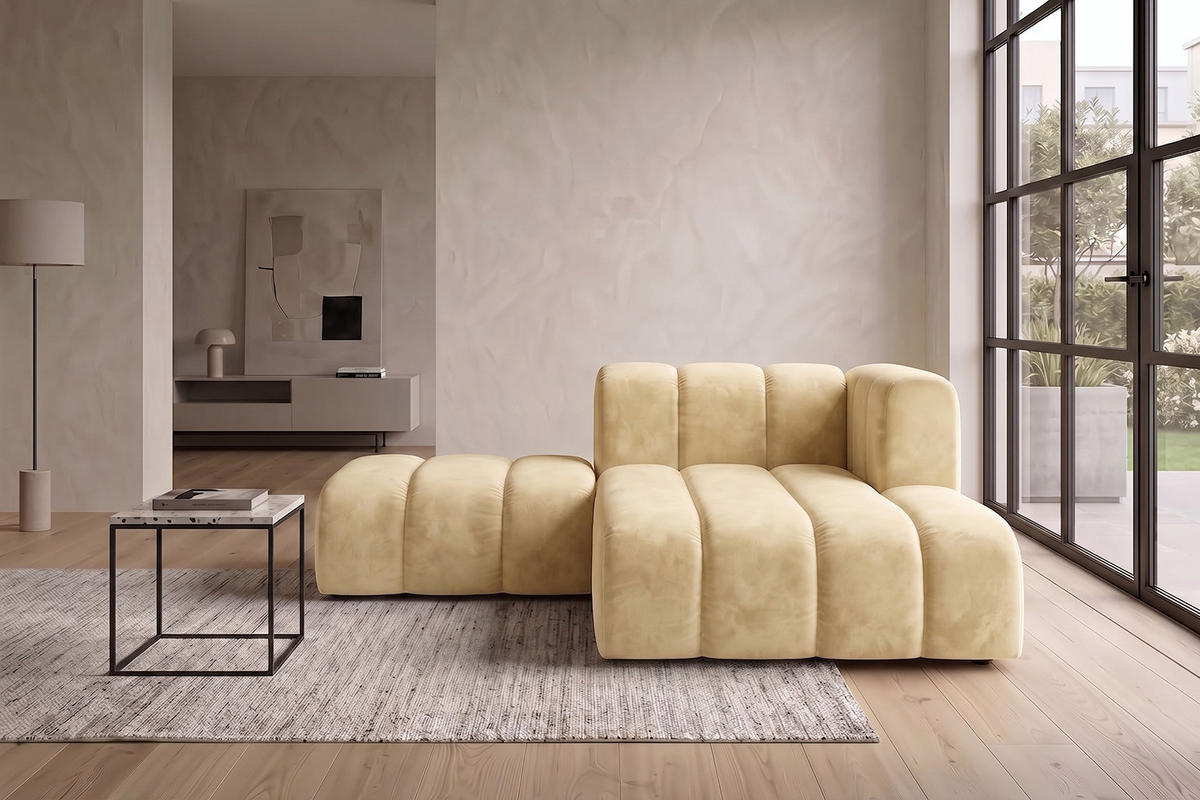 CHAISELONGUE Modulare Mit Hocker, Velvet-Stoff Riviera, Buttergelb, Rechts, GRAND - Hellgelb, Holz (204/179cm) - Kaiser Möbel