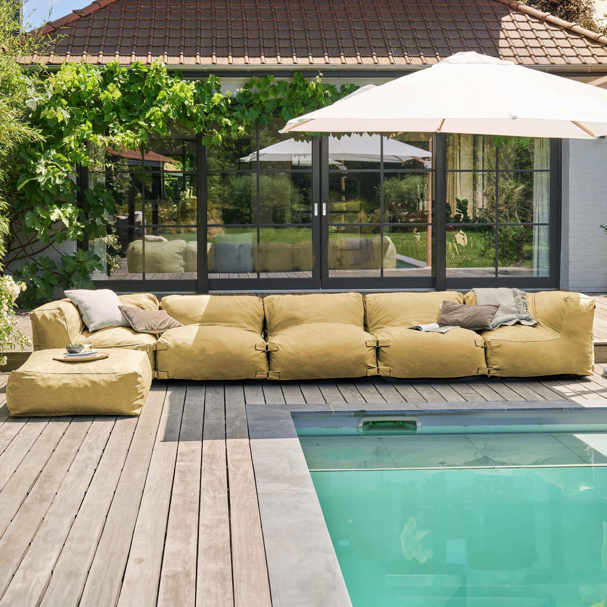 GARTENSOFA mit 6 Sitzplätzen, Hellgelb - Gelb, Textil (85/65/510cm) - Oviala