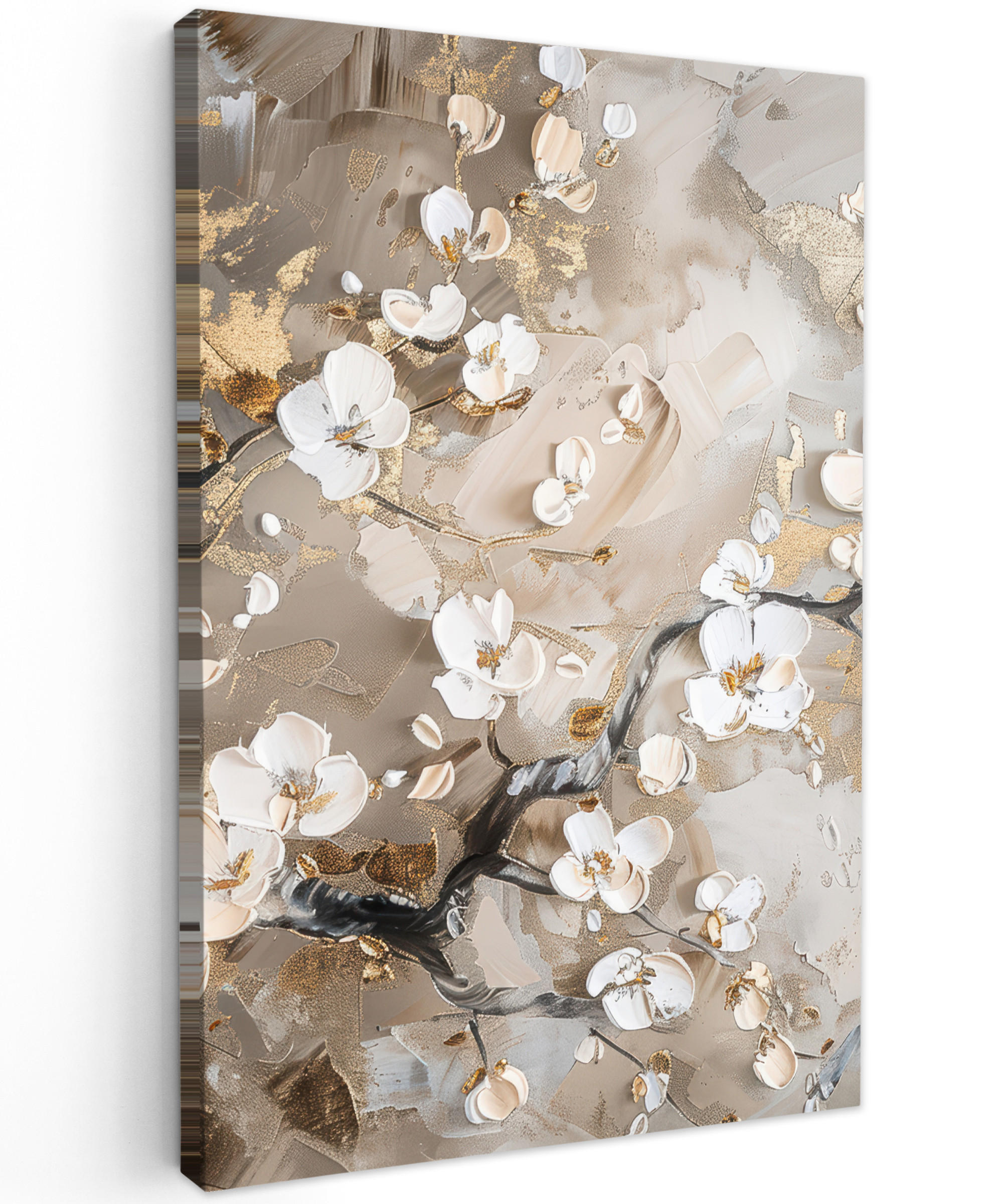 LEINWANDBILD Blumen - Weiß - Gold - Beige - Luxus Deko XXL 80x120 cm - Greige, Textil (80/120cm) - MuchoWow