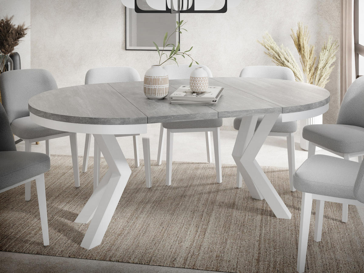 ESSTISCH Clara Weiß runder ausziehbarer, Grauer Beton 100-180/100/76 cm - Hellgrau/Weiß, Holzwerkstoff/Metall (100/100/76cm) - WFL GROUP