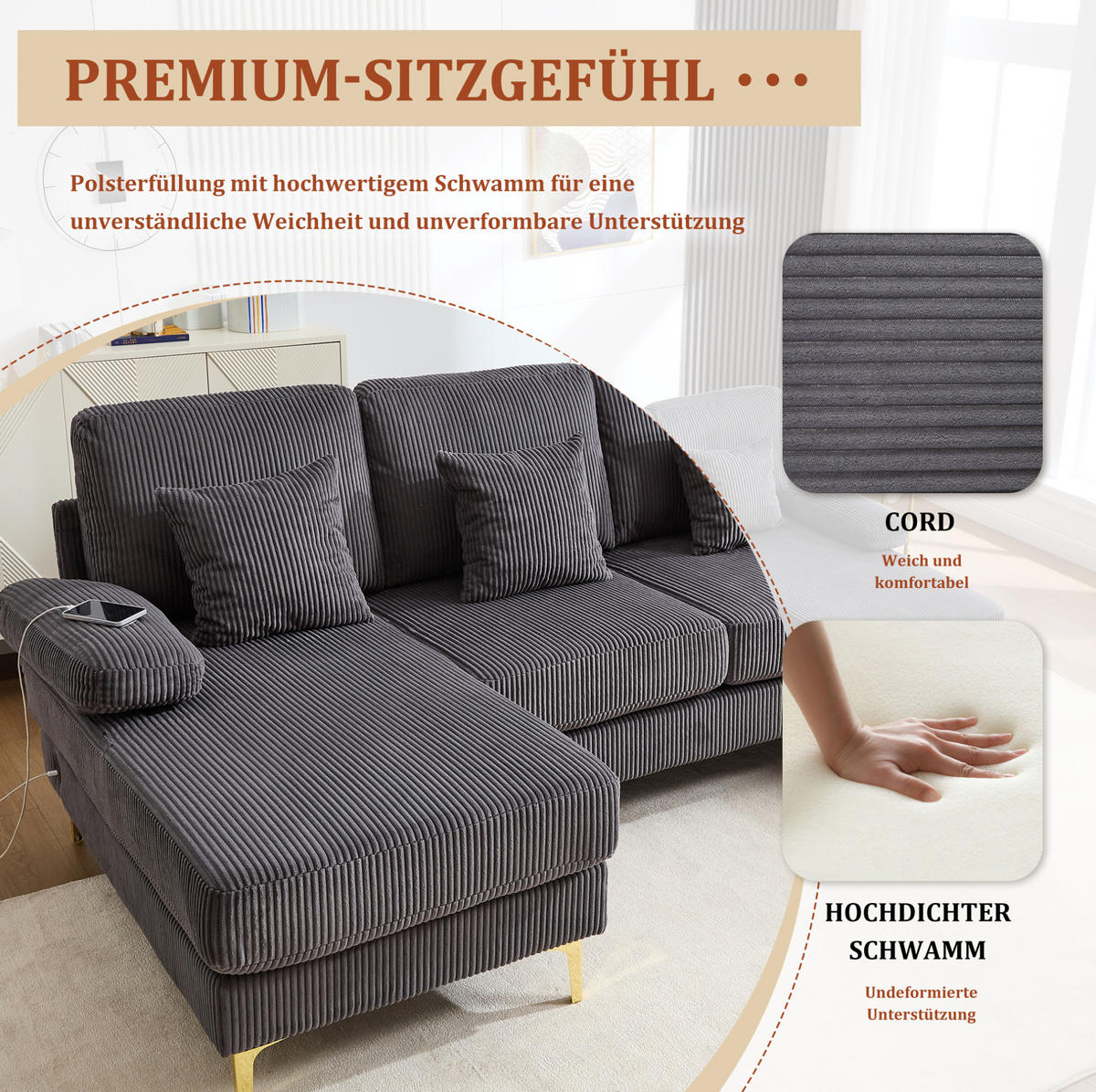 WOHNLANDSCHAFT 265/135/88 cm in Grau mit LED-Beleuchtung und USB-Anschluss - Grau, Textil (135/88/265cm) - Flora Grace