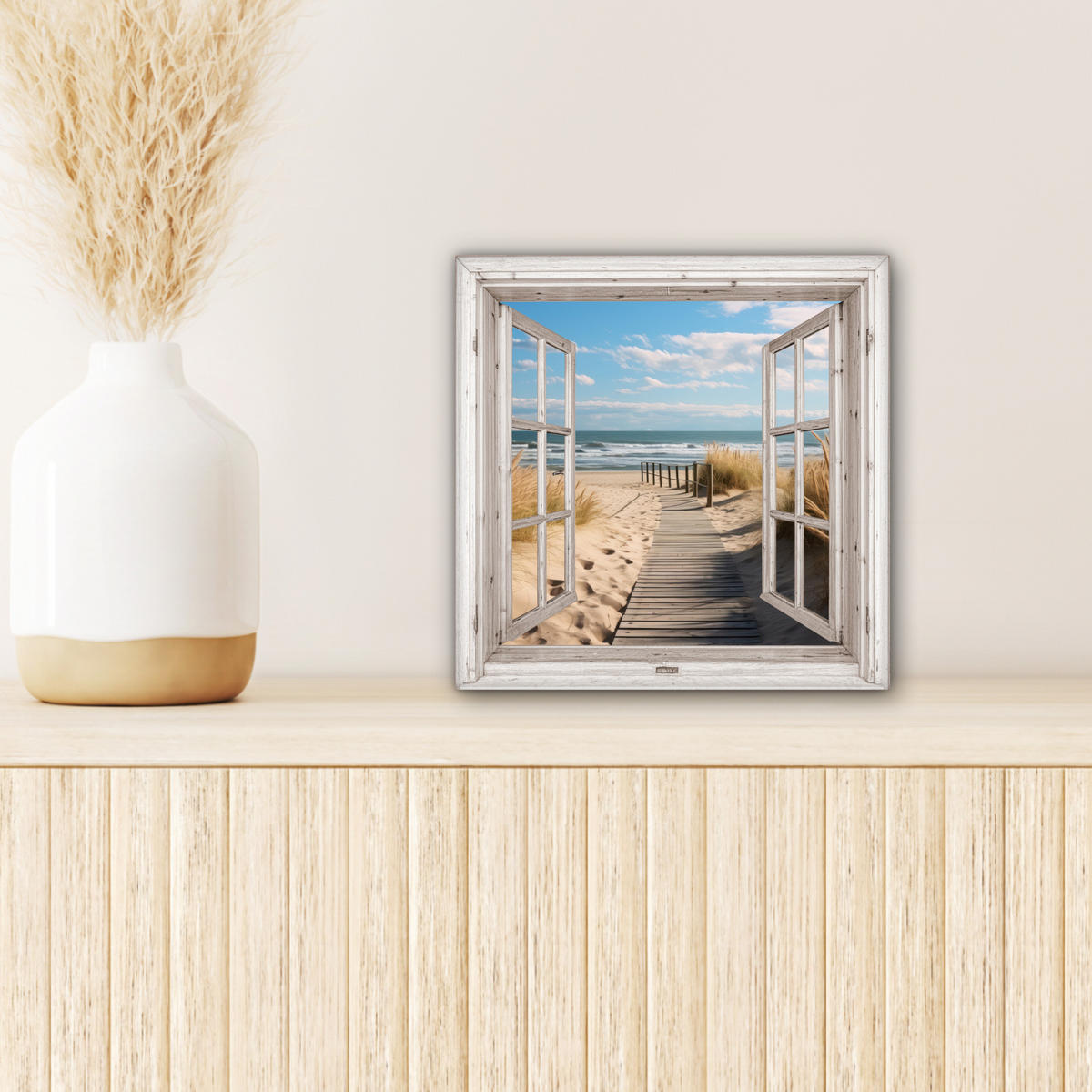 LEINWANDBILD Fenster - Meer - Küste - Natur - Ausblick - Strand - Wattenmeer Deko Wohnzimmer 20x20 cm - Beige, Textil (20/20cm) - MuchoWow