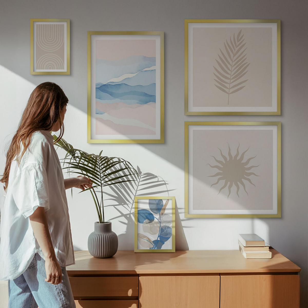 WANDBILDER 5er Set - 50x50 cm & 20x30 cm & 40x60 cm Goldrahmen - Abstrakte Linien der Sonnenwellen - Goldfarben, Kunststoff (40/60cm) - ArtPrintCave