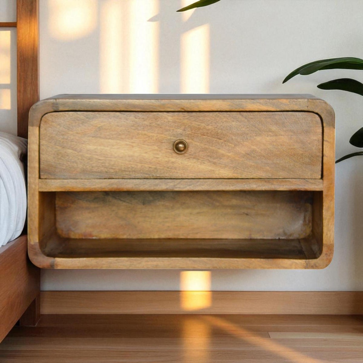 NACHTTISCH aus Massivholz, Wandmontiert, 1 Schublade, 1 offenes Regal, Beige - Eichefarben/Messingfarben, Holz/Metall (45/25/32cm) - Artisan Furniture