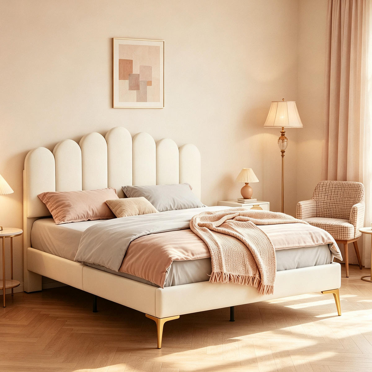 POLSTERBETT 140x200, Samt, höhenverstellbares Kopfteil, Metall-Lattenrost, beige - Beige, Holz/Metall (140/200cm) - GENKI LIVING