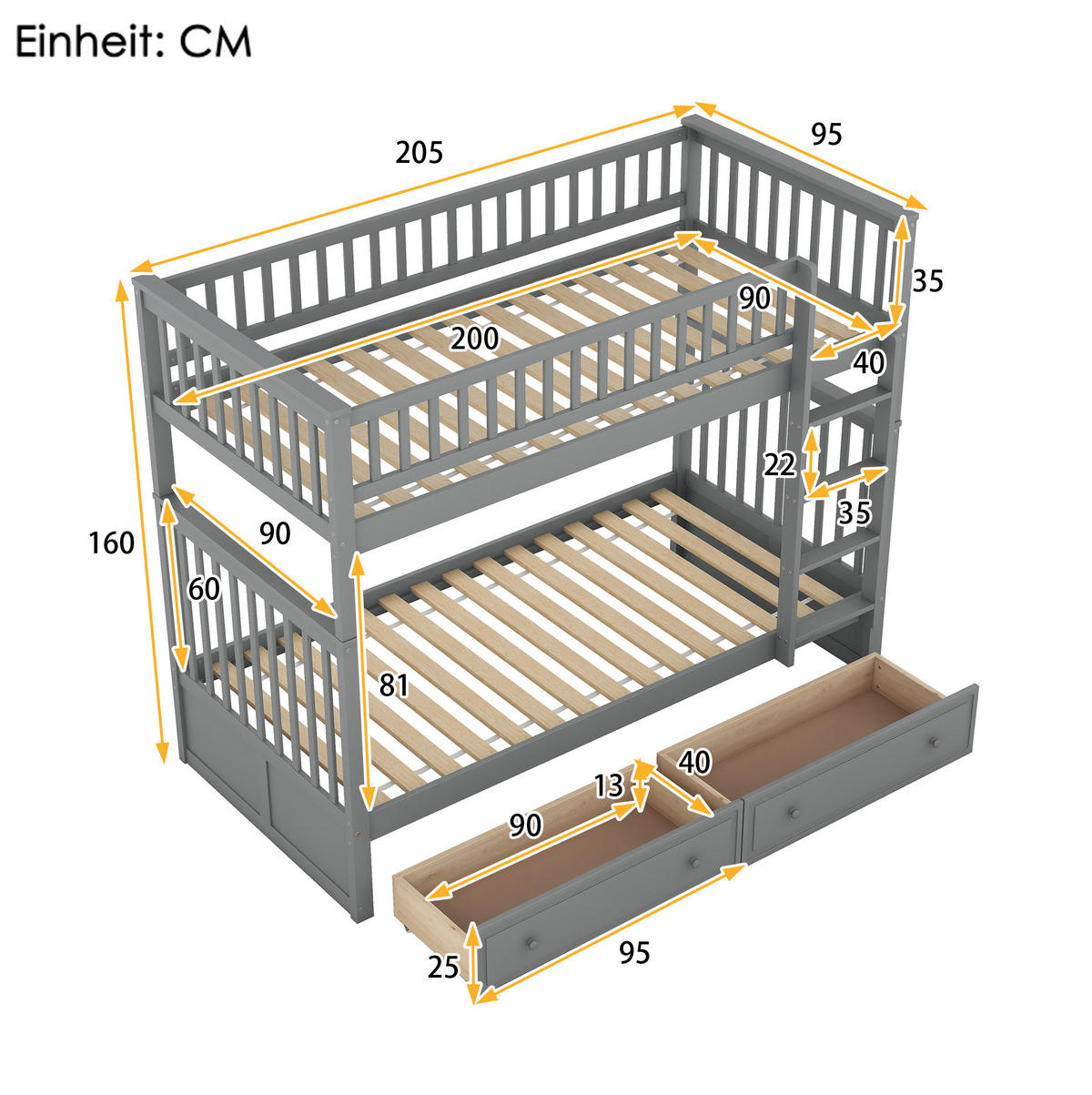 ETAGENBETT 90/200 cm Grau mit 2 Schubladen, teilbar in 2 Betten - Grau, Holz (90/200cm) - Flora Grace