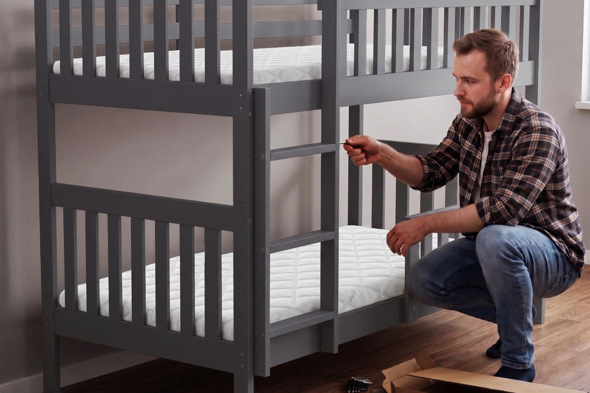 ETAGENBETT 90x200 in Grau mit Lattenrost – Kinderbett mit Schublade & Rausfallschutz JAKOB - Weiß/Grau, Holz (90/200cm) - Interbeds