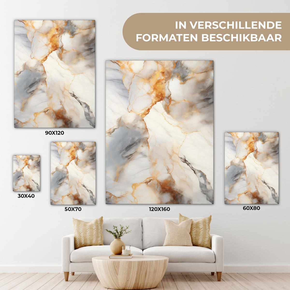 LEINWANDBILD Marmor - Grau - Gold Room Decor 30x40 cm - Weiß, Textil (30/40cm) - MuchoWow