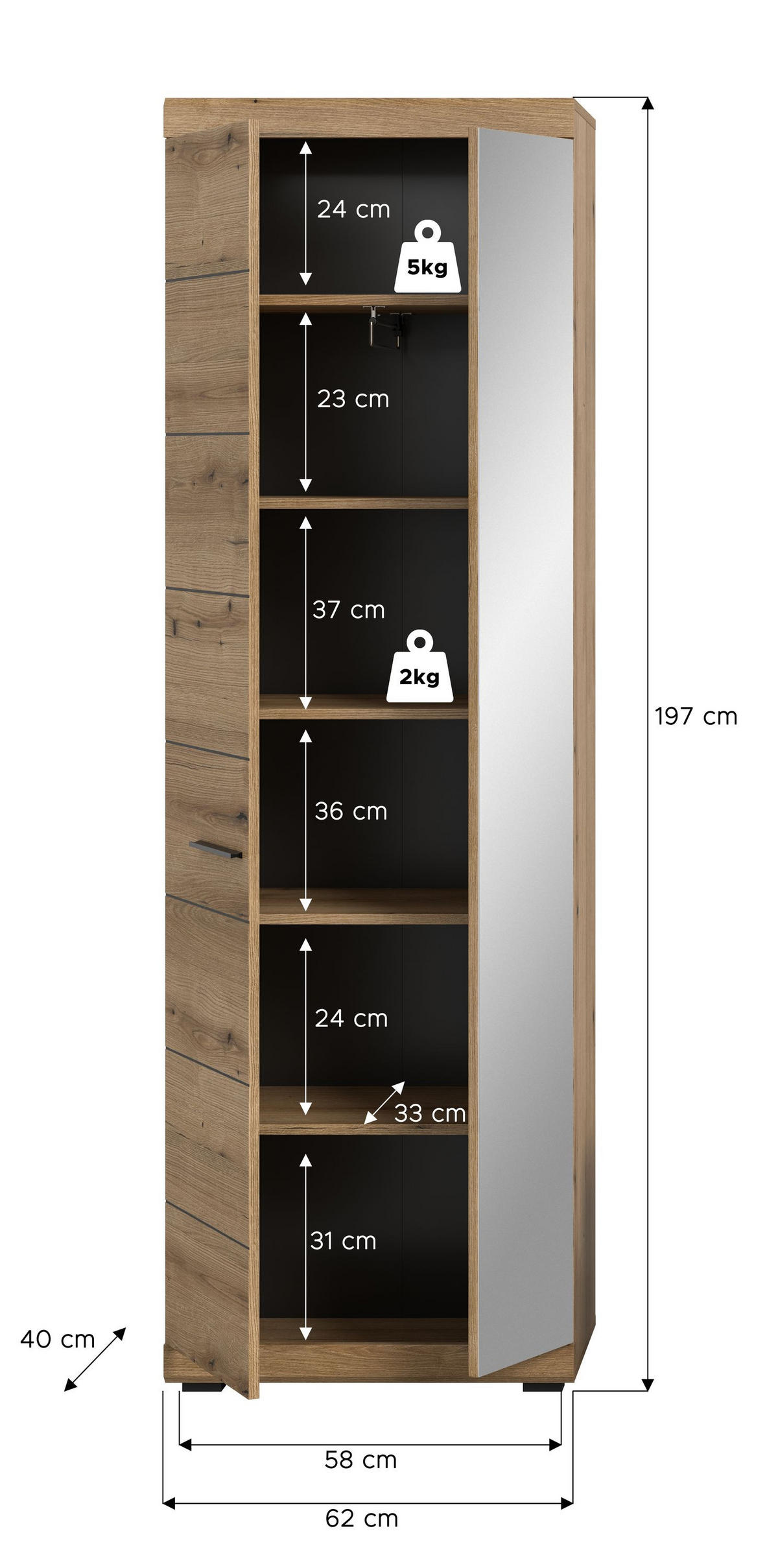 GARDEROBENSCHRANK SCOUT (B/H/T: ca. 62/197/37 cm) in Evoke Oak Nachbildung/Evoke Oak Nachbildung - Eichefarben, Holz (62/197/37cm)