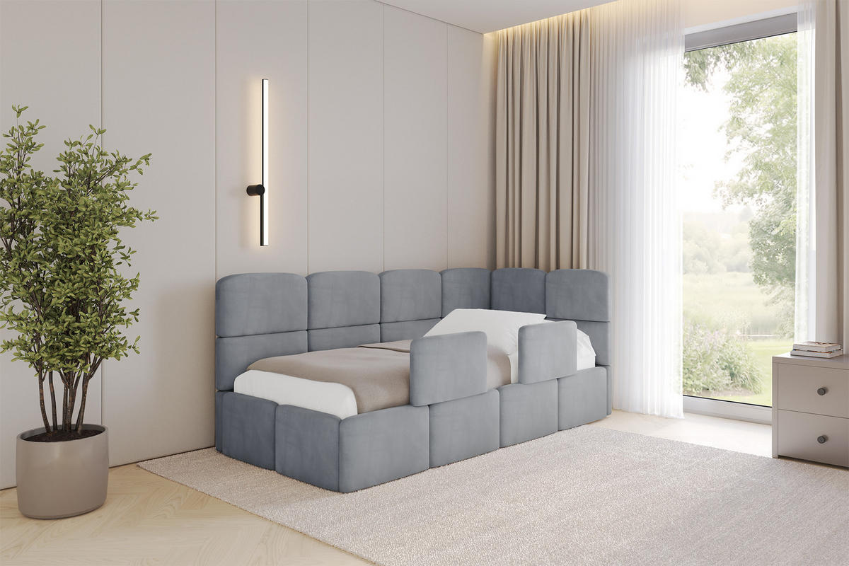 EINZELLBETT Jugendbett mit Bettkasten, Links - KIVY 90x200 Grau - Grau, Holzwerkstoff/Textil (90/200cm) - ALTDECOR